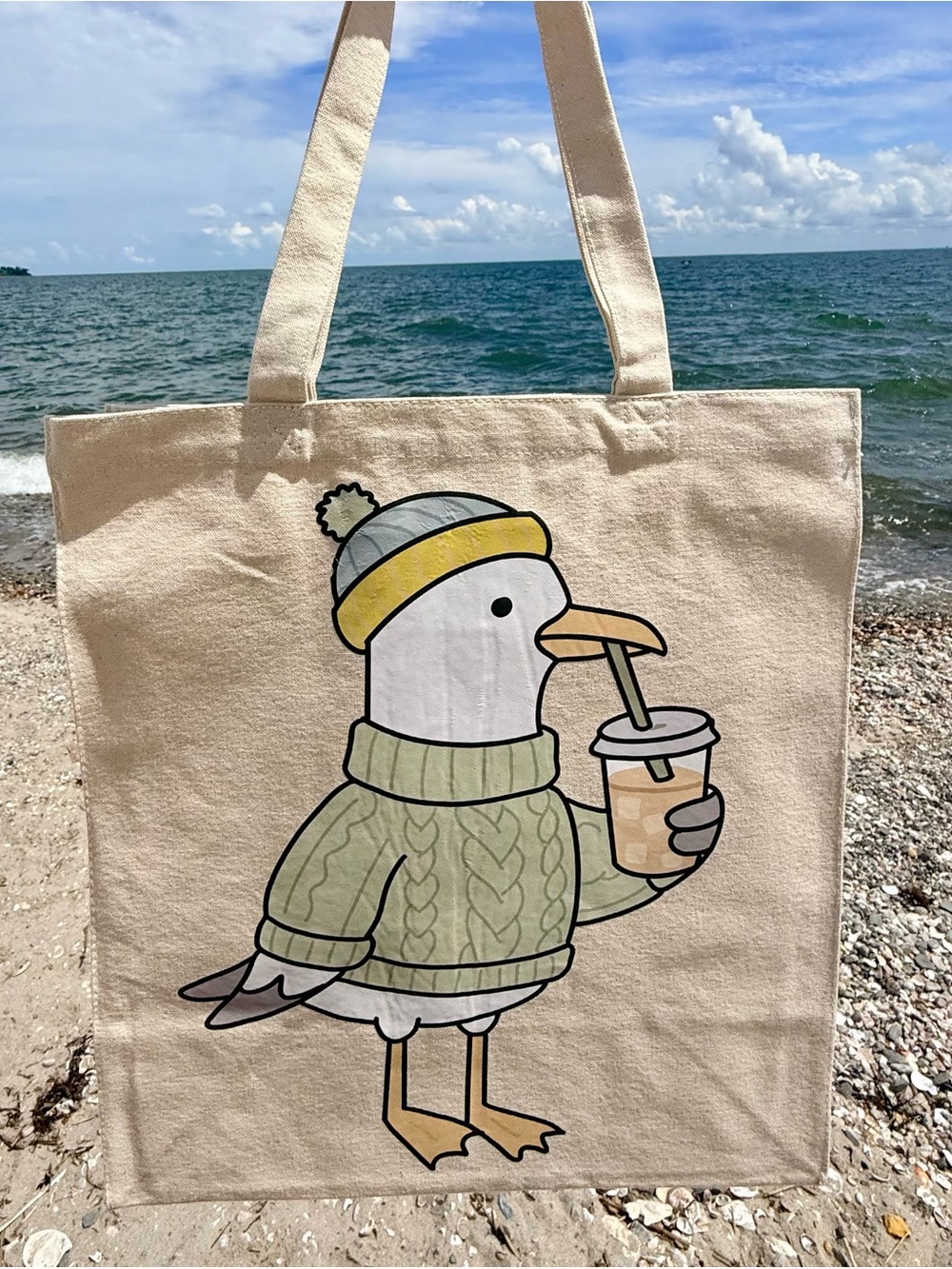 Seagull in Sweater Canvas Tote Bag | Coastal Iced Coffee Lover Gift